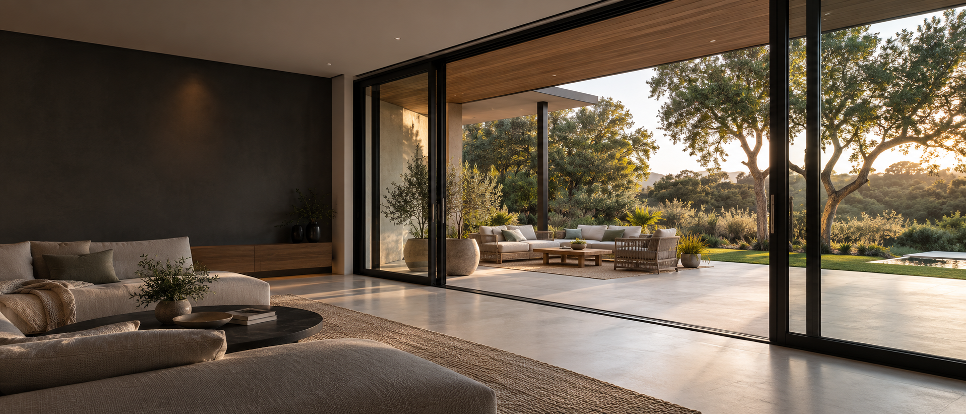 Contemporary living space with black aluminium sliding glass doors opening onto a garden terrace